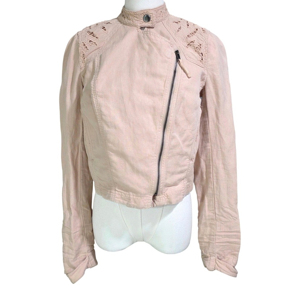 Free People Moto Jacket Womens 2 Pink  Eyelet Cutout Cropped Linen Zip